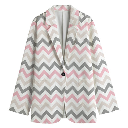 Pink White And Grey Chevron Print Women's Cotton Blazer