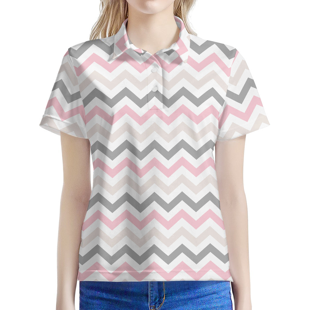 Pink White And Grey Chevron Print Women's Polo Shirt