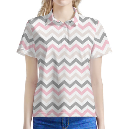 Pink White And Grey Chevron Print Women's Polo Shirt