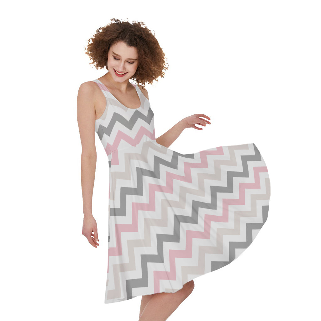 Pink White And Grey Chevron Print Women's Sleeveless Dress