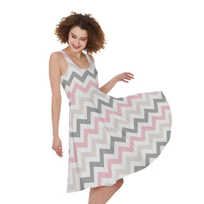 Pink White And Grey Chevron Print Women's Sleeveless Dress