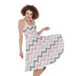 Pink White And Grey Chevron Print Women's Sleeveless Dress