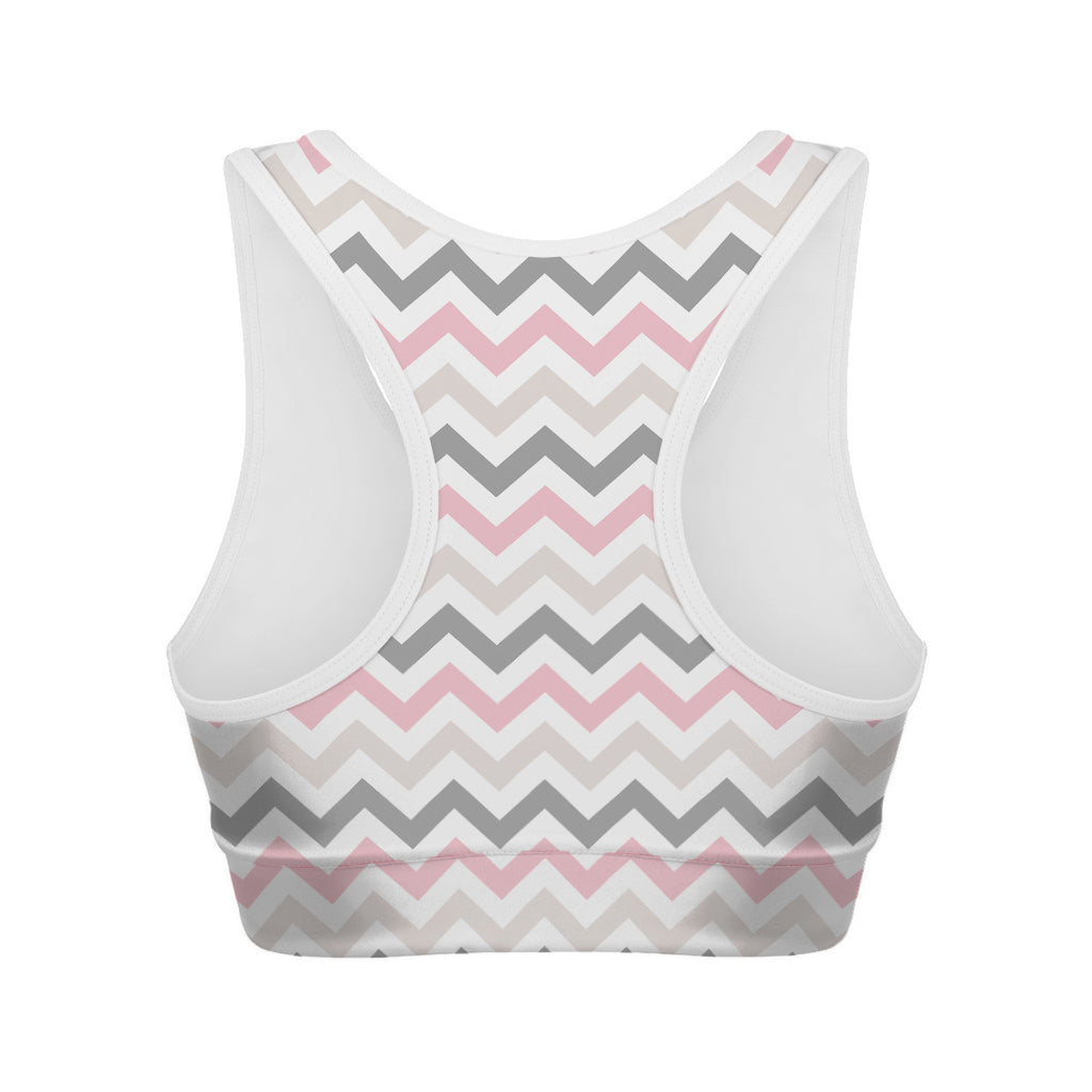 Pink White And Grey Chevron Print Women's Sports Bra