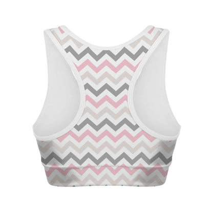 Pink White And Grey Chevron Print Women's Sports Bra