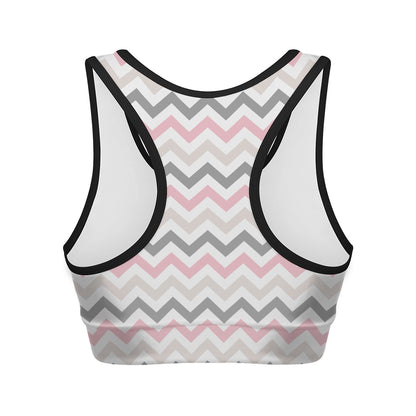 Pink White And Grey Chevron Print Women's Sports Bra