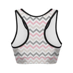 Pink White And Grey Chevron Print Women's Sports Bra
