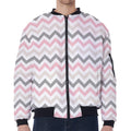 Pink White And Grey Chevron Print Zip Sleeve Bomber Jacket