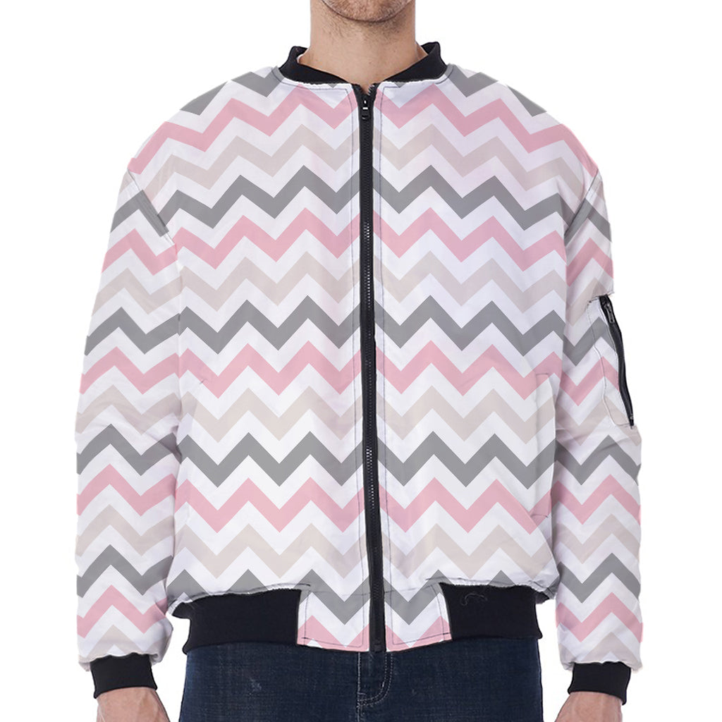 Pink White And Grey Chevron Print Zip Sleeve Bomber Jacket