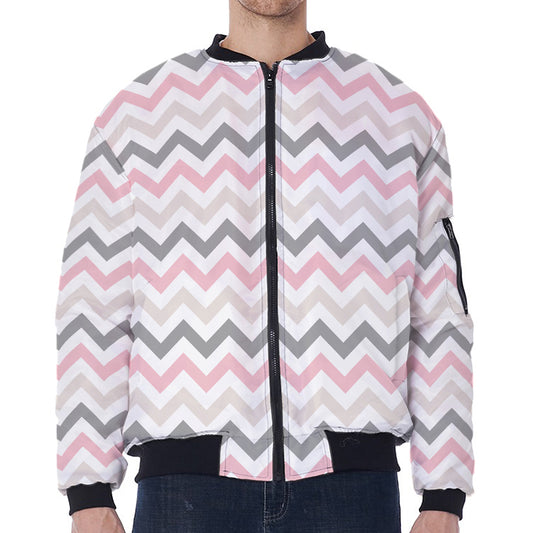 Pink White And Grey Chevron Print Zip Sleeve Bomber Jacket