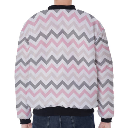 Pink White And Grey Chevron Print Zip Sleeve Bomber Jacket
