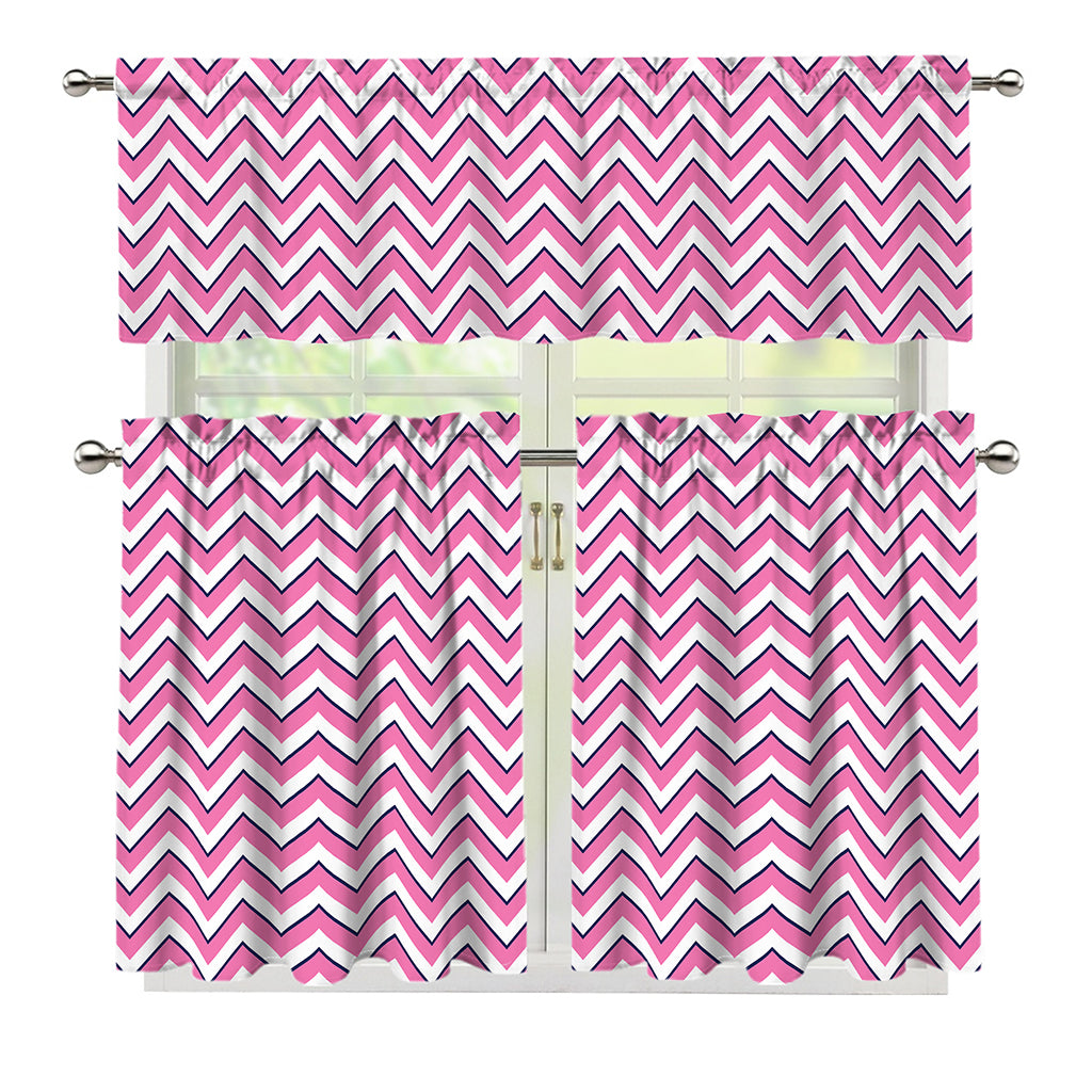 Pink White And Navy Chevron Print 3 Piece Kitchen Curtains