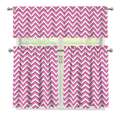 Pink White And Navy Chevron Print 3 Piece Kitchen Curtains