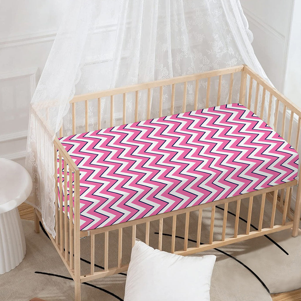 Pink White And Navy Chevron Print Baby Crib Sheet