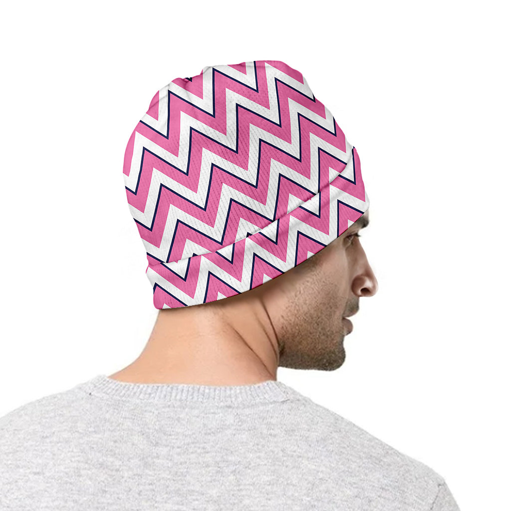 Pink White And Navy Chevron Print Beanie
