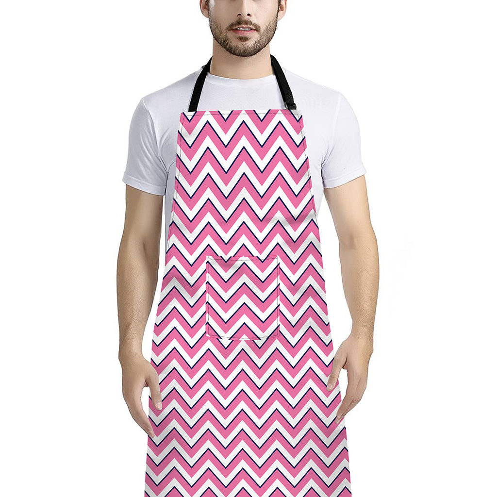 Pink White And Navy Chevron Print Bib Apron With Pocket