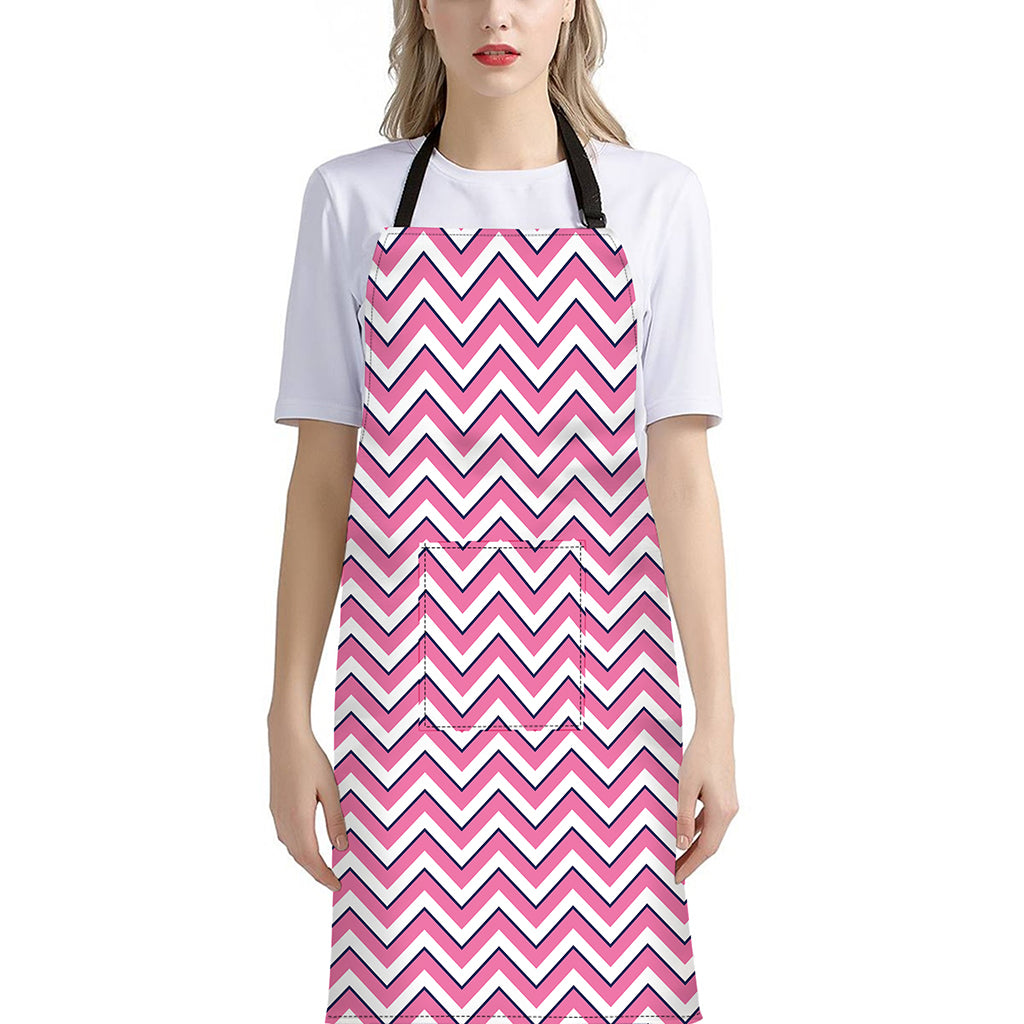 Pink White And Navy Chevron Print Bib Apron With Pocket