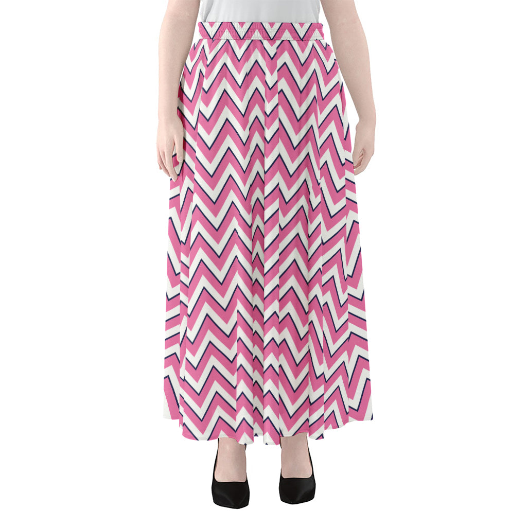 Pink White And Navy Chevron Print Chiffon Maxi Skirt