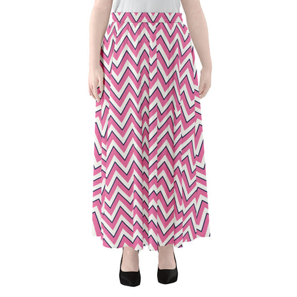 Pink White And Navy Chevron Print Chiffon Maxi Skirt