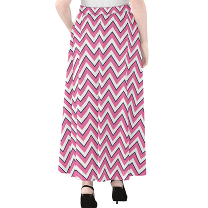 Pink White And Navy Chevron Print Chiffon Maxi Skirt