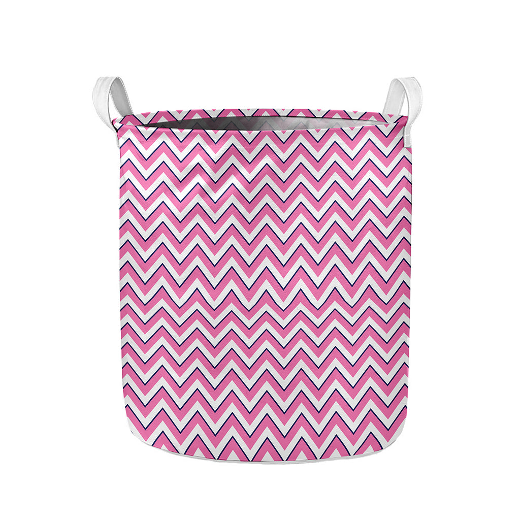 Pink White And Navy Chevron Print Collapsible Laundry Basket