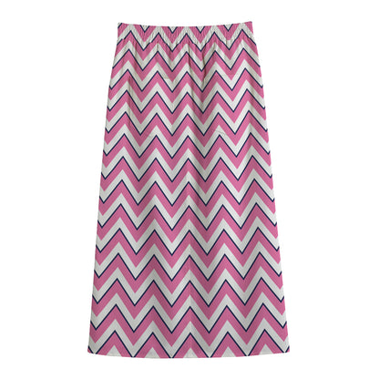 Pink White And Navy Chevron Print Cotton Front Slit Maxi Skirt