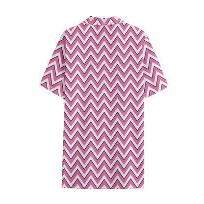 Pink White And Navy Chevron Print Cotton Hawaiian Shirt
