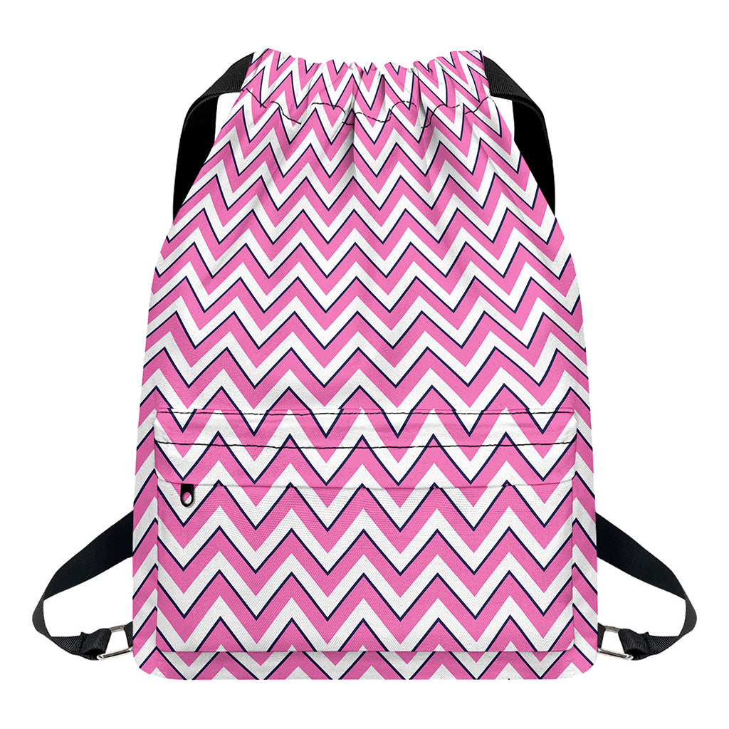 Pink White And Navy Chevron Print Drawstring Backpack