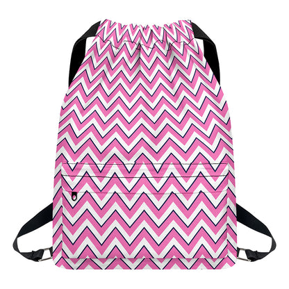 Pink White And Navy Chevron Print Drawstring Backpack