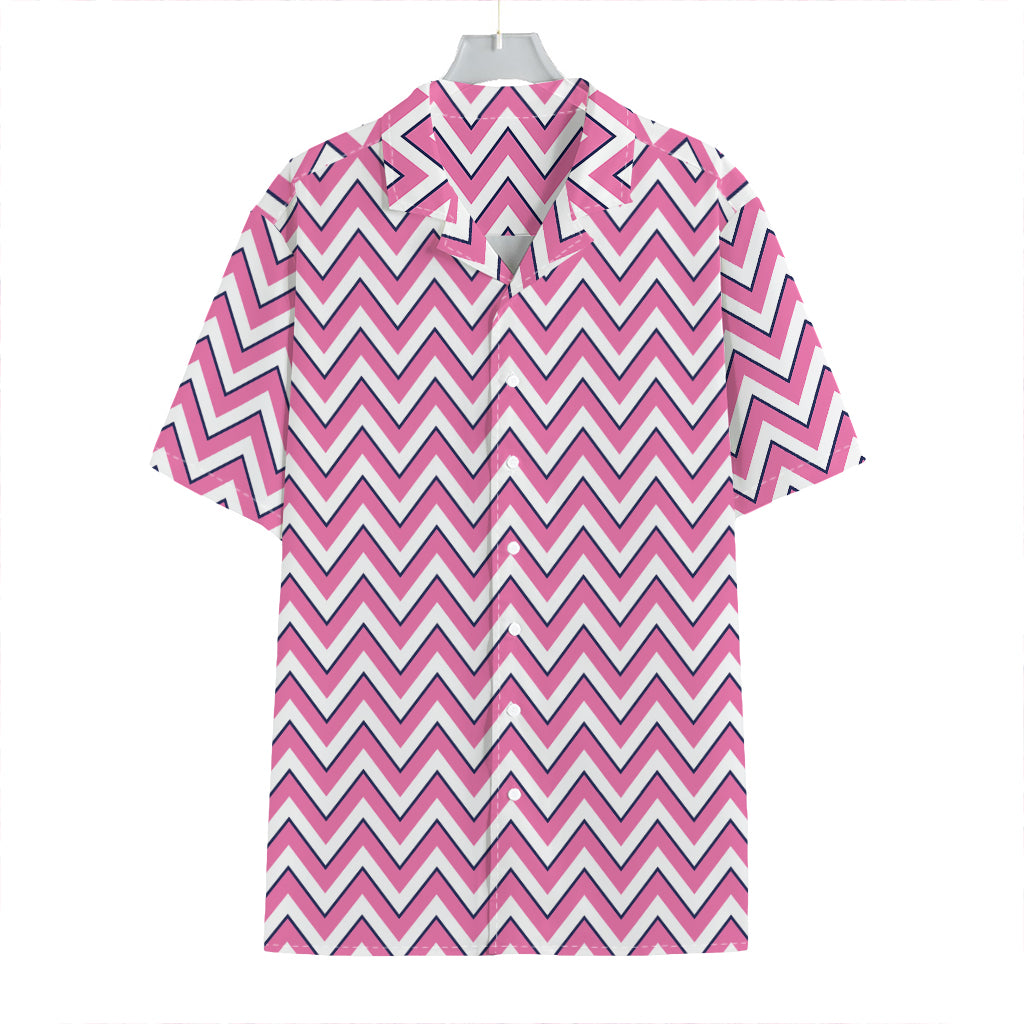 Pink White And Navy Chevron Print Hawaiian Shirt