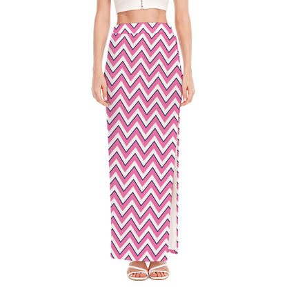 Pink White And Navy Chevron Print High Slit Maxi Skirt