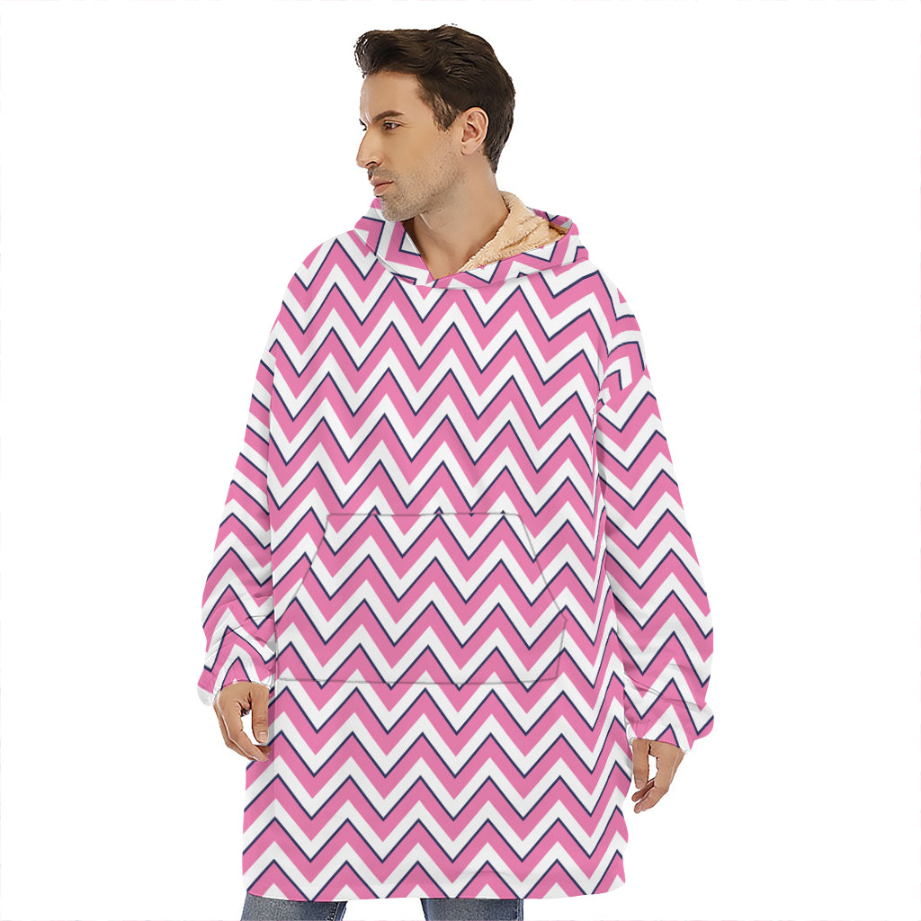 Pink White And Navy Chevron Print Hoodie Blanket