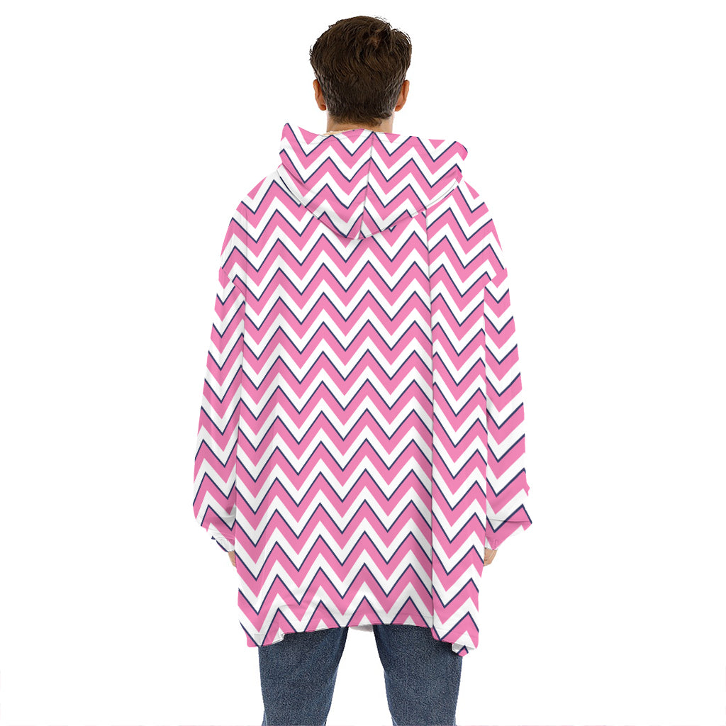 Pink White And Navy Chevron Print Hoodie Blanket