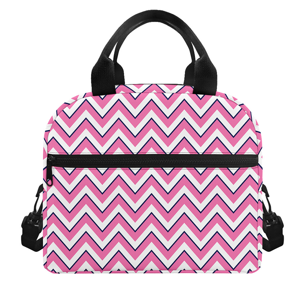 Pink White And Navy Chevron Print Insulated Lunch Bag