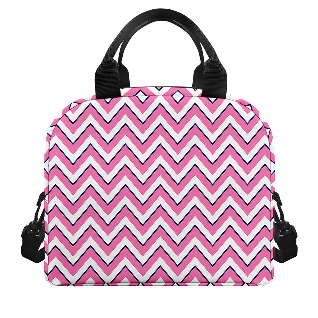 Pink White And Navy Chevron Print Insulated Lunch Bag