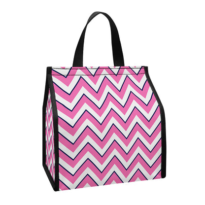 Pink White And Navy Chevron Print Insulated Lunch Tote