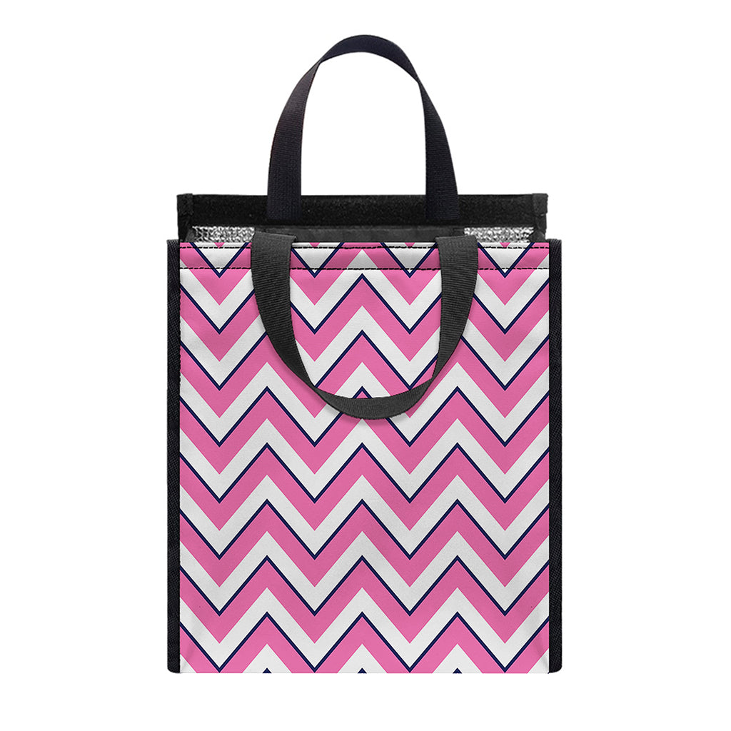 Pink White And Navy Chevron Print Insulated Lunch Tote