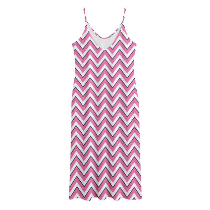 Pink White And Navy Chevron Print Jersey Midi Cami Dress