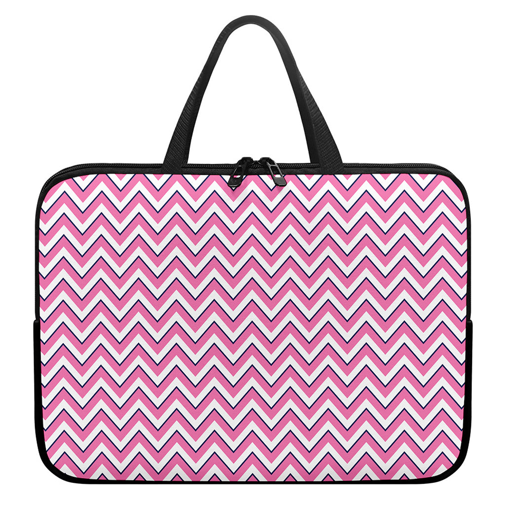 Pink White And Navy Chevron Print Laptop Sleeve With Handle