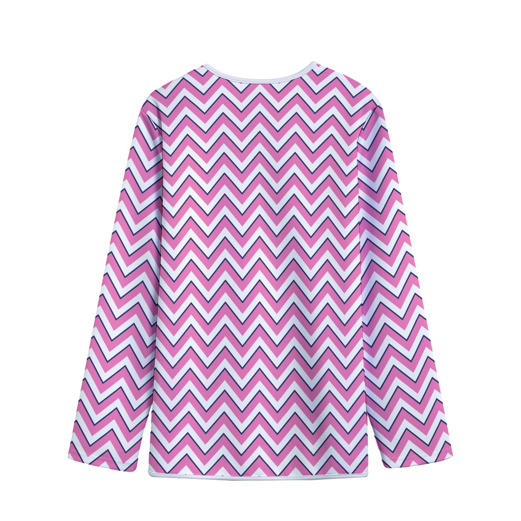 Pink White And Navy Chevron Print Long Sleeve Short Coat