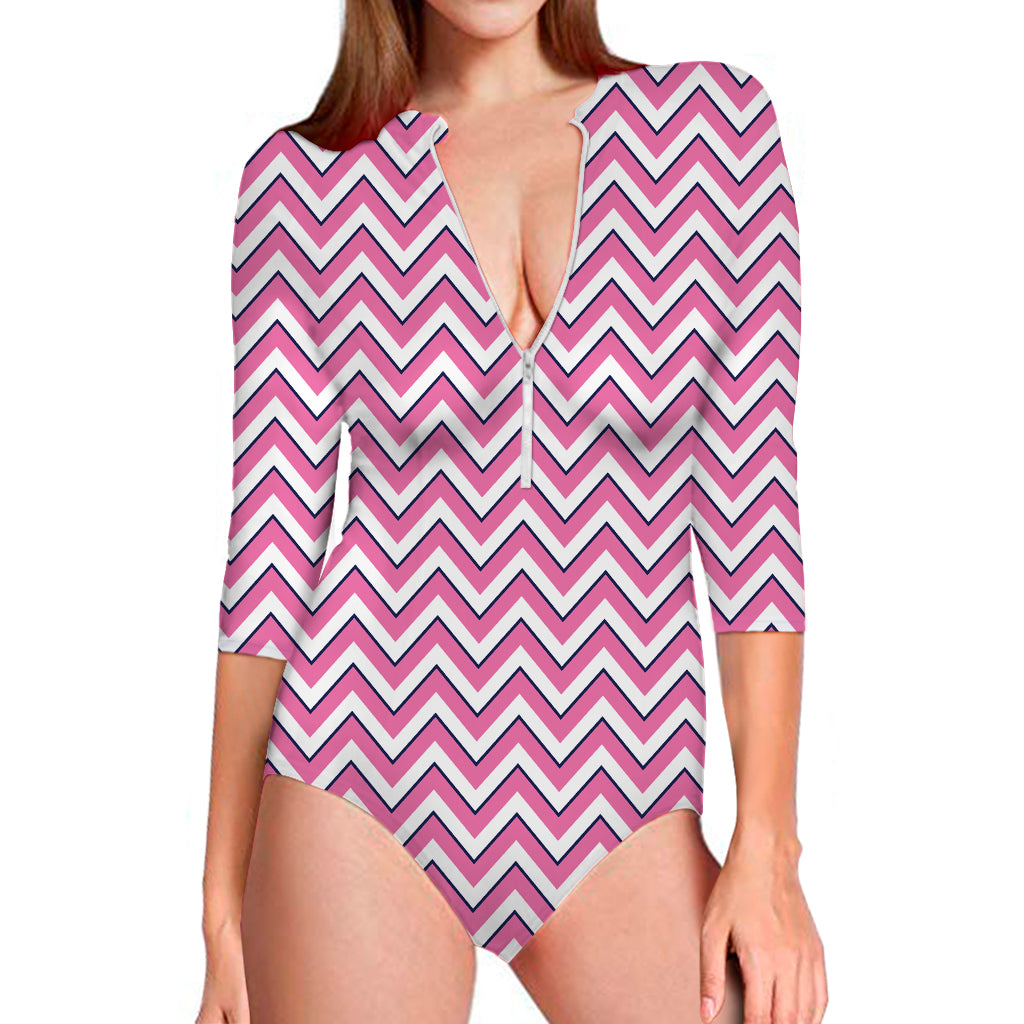 Pink White And Navy Chevron Print Long Sleeve Swimsuit