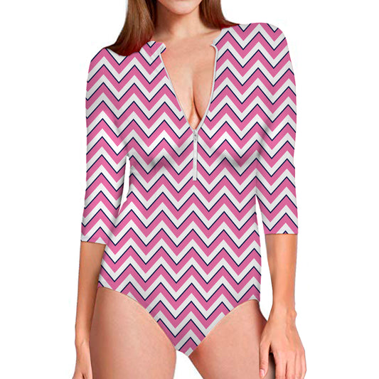 Pink White And Navy Chevron Print Long Sleeve Swimsuit