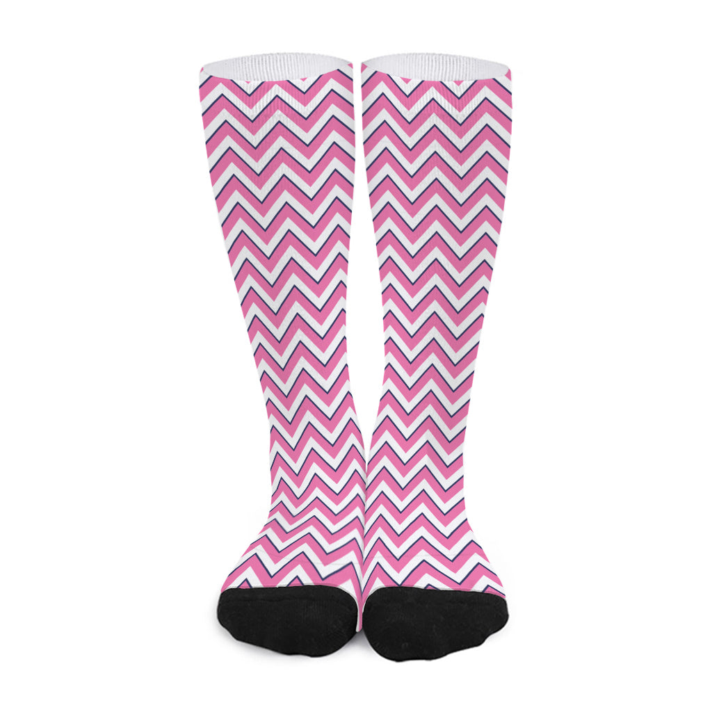 Pink White And Navy Chevron Print Long Socks
