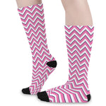 Pink White And Navy Chevron Print Long Socks