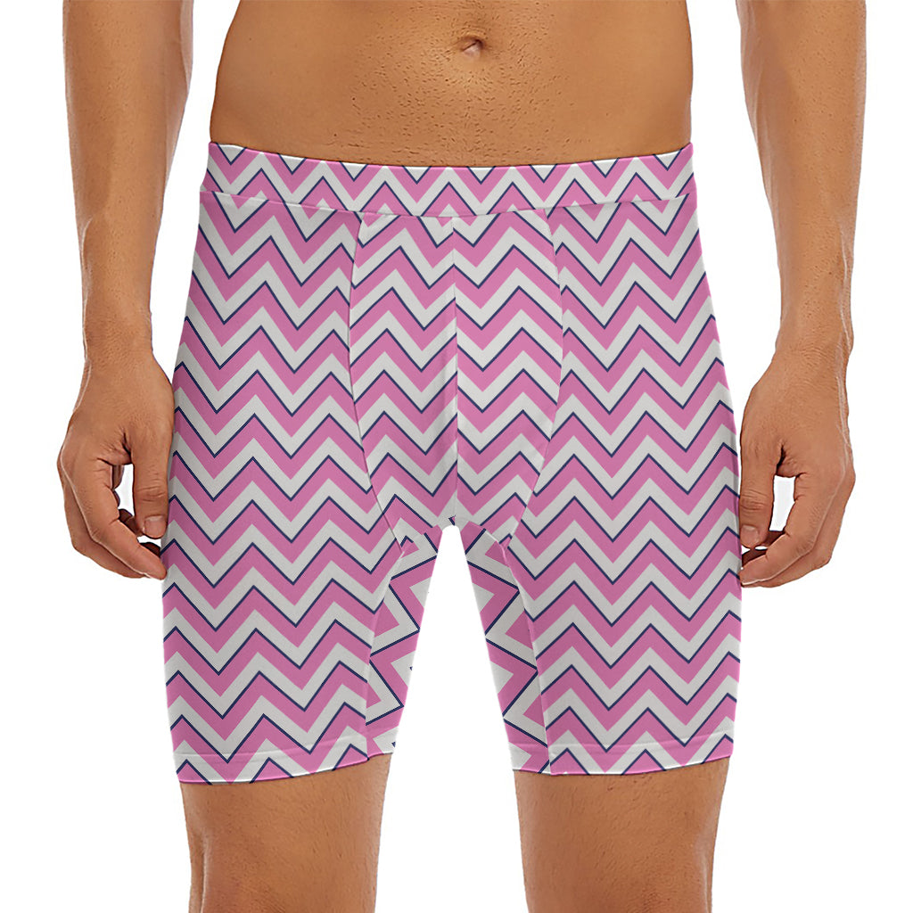 Pink White And Navy Chevron Print Men's Long Boxer Briefs