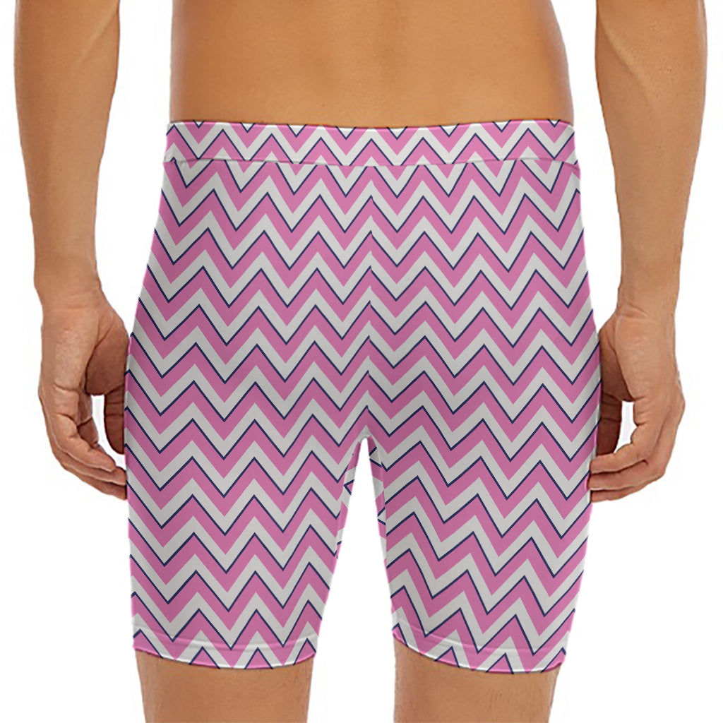 Pink White And Navy Chevron Print Men's Long Boxer Briefs