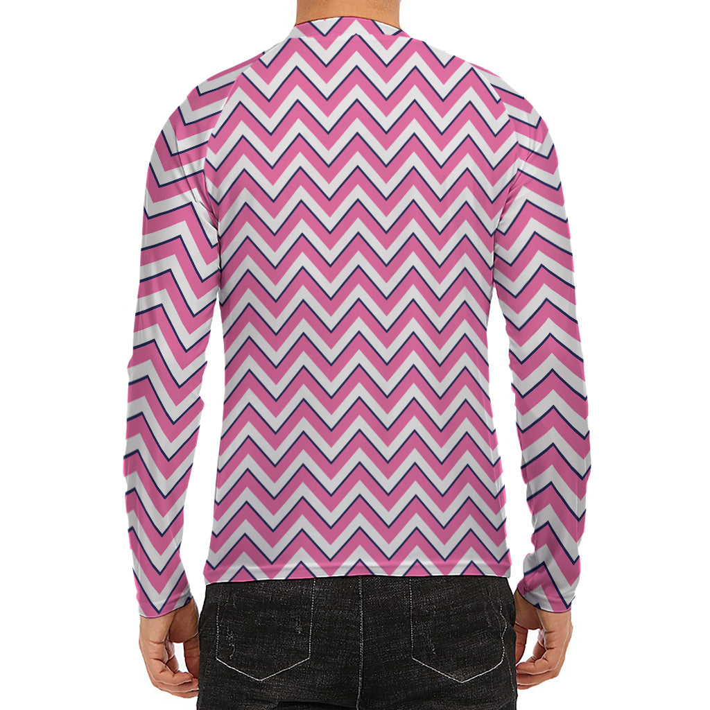 Pink White And Navy Chevron Print Men's Long Sleeve Rash Guard