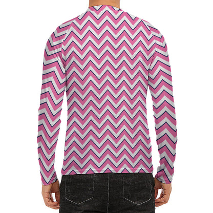 Pink White And Navy Chevron Print Men's Long Sleeve Rash Guard