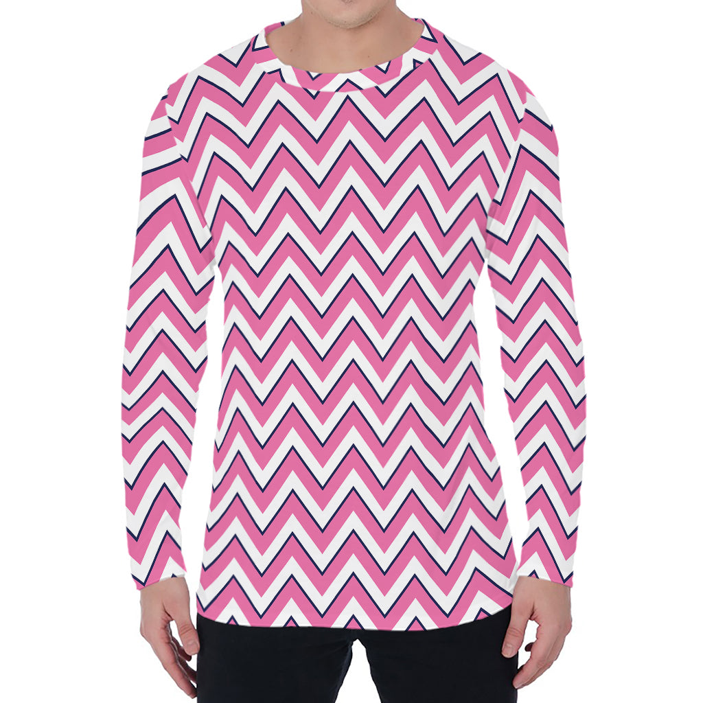 Pink White And Navy Chevron Print Men's Long Sleeve T-Shirt