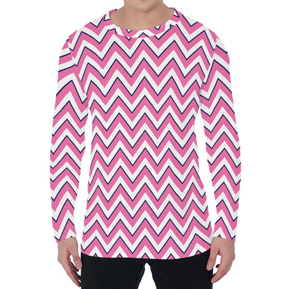 Pink White And Navy Chevron Print Men's Long Sleeve T-Shirt