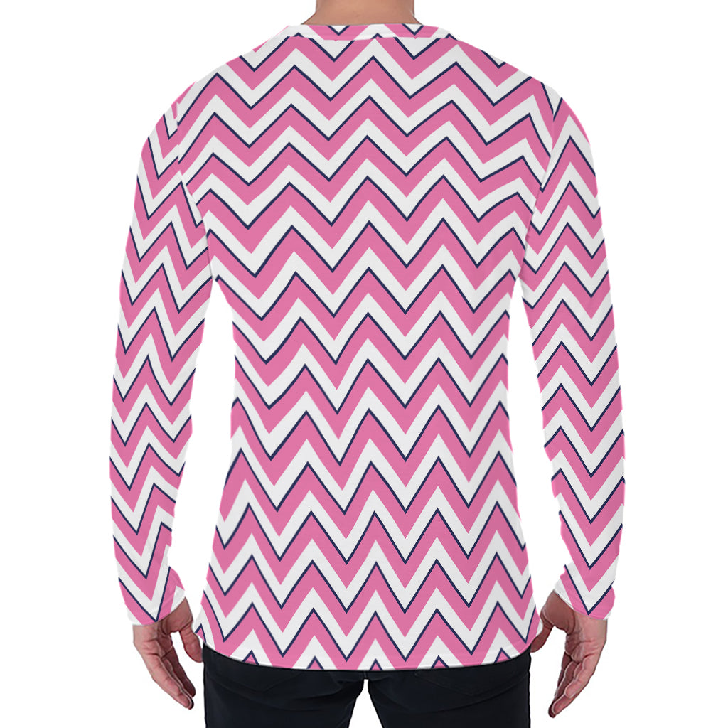 Pink White And Navy Chevron Print Men's Long Sleeve T-Shirt